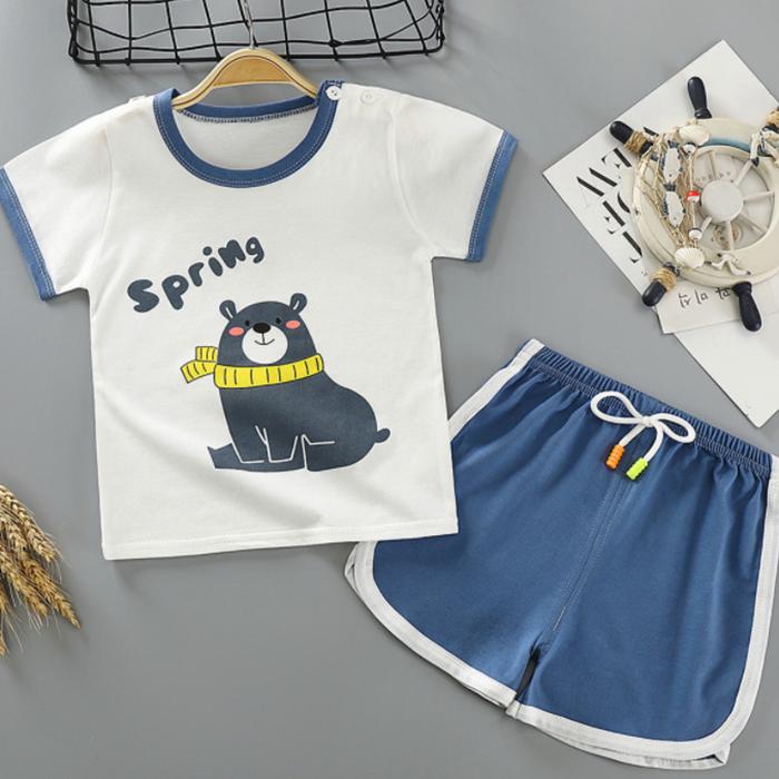 Children's Short Sleeve Suit Korean Style Printing Boys and Girls' T-shirt and Shorts Two Piece Set