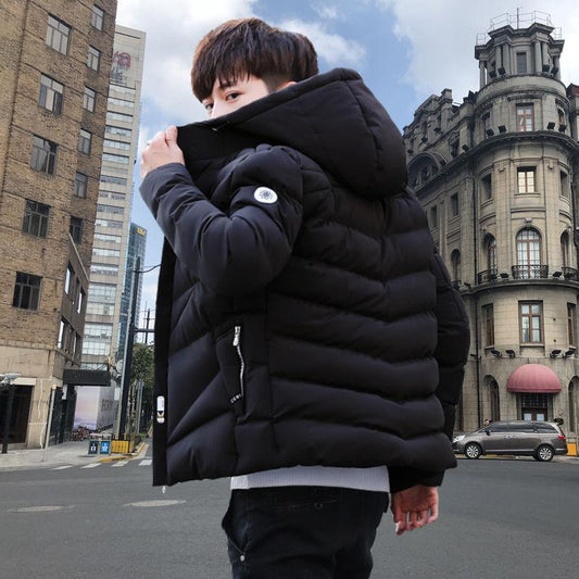 Winter Down Men's Padded Jacket Plus Velvet Thickening Youth Padded Hooded Jacket Trend Student Warm Jacket Fashion Slim Parker Clothing