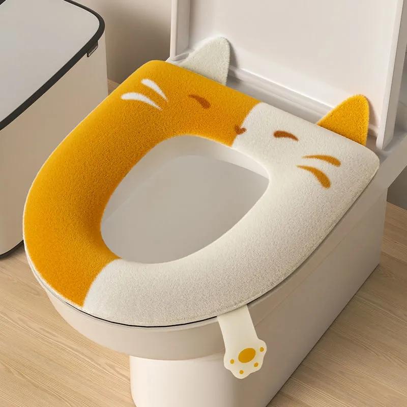 Cartoon Cat Cute Toilet Seat Mats Winter Warm Toilet Seat Covers Washable Toilet Seat Cushion Bathroom Lavatory Mat with Handle Pink Grey