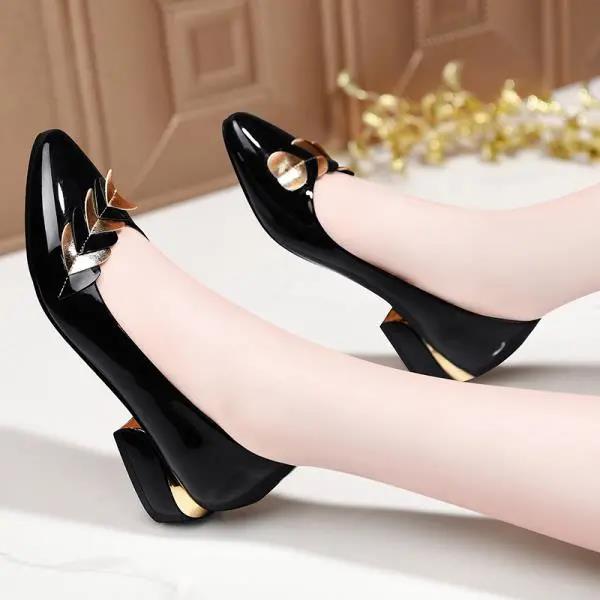 2021 Spring and Autumn Soft Leather Shallow Mouth Single Shoes Women Thick-heeled Soft-soled Mid-heel Non-slip Work Shoes Women's Leather Shoes