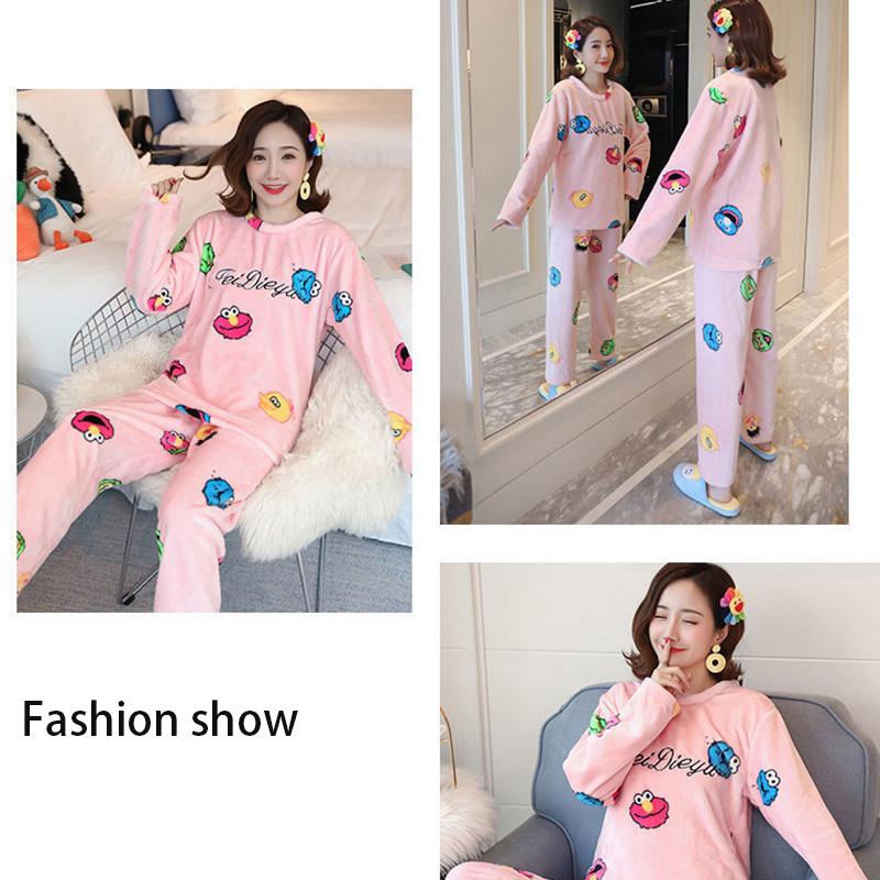 Pajamas Women's Flannel Soft Fabric Cute Card Thickening Plus Velvet Long-sleeved Warm Hood Home Service Suit Can Be Washed