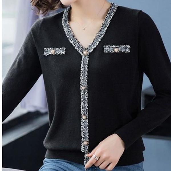 Autumn and Winter Pullover V-neck Raw Edge Stitching Long-sleeved Knit Sweater Loose Bottoming Top Women