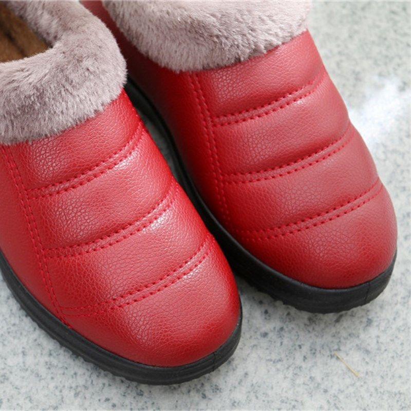 Women's Winter Home Shoes Plus Velvet Thickened PU Surface Waterproof and Ski-proof Boots Thick-soled Cotton Shoes