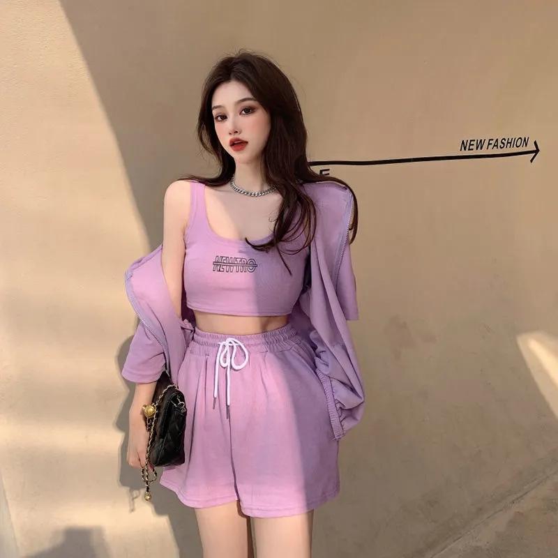 3PCS Casual Sports Suit Ladies Summer Zip Cardigan + Vest + Wide Leg Shorts Three-piece Set Tracksuits Jogging Suits Girls Athletic Clothing