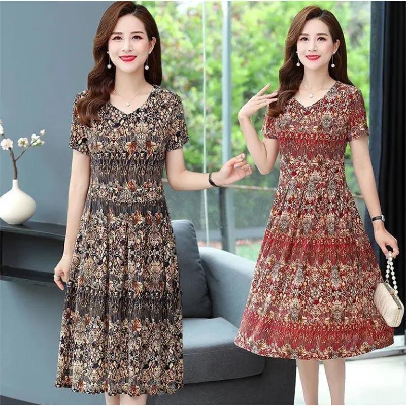 Short-sleeved Dress Retro Floral Women's Mid-length Cover The Belly To Show Thin Temperament Lady's Skirt