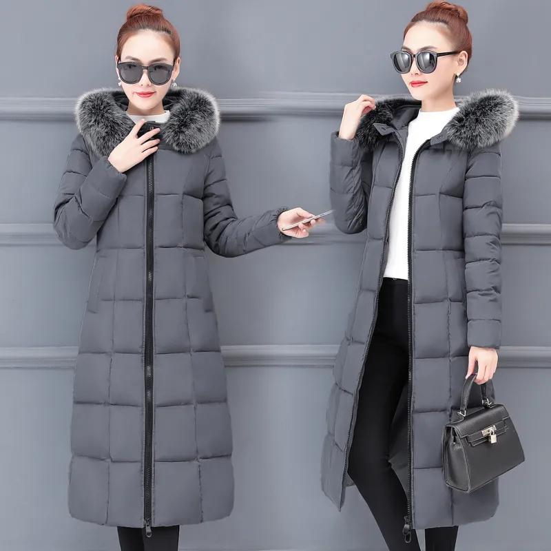 Winter Down Coat Women Fur Collar Warm Padded Jacket Long Black Fashion Plus Size Hooded Windbreaker Outerweaer Lady Thick Jacket and Coat