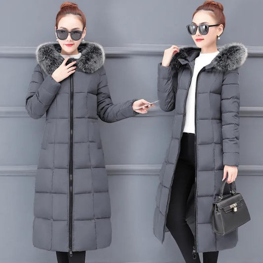 Winter Down Coat Women Fur Collar Warm Padded Jacket Long Black Fashion Plus Size Hooded Windbreaker Outerweaer Lady Thick Jacket and Coat