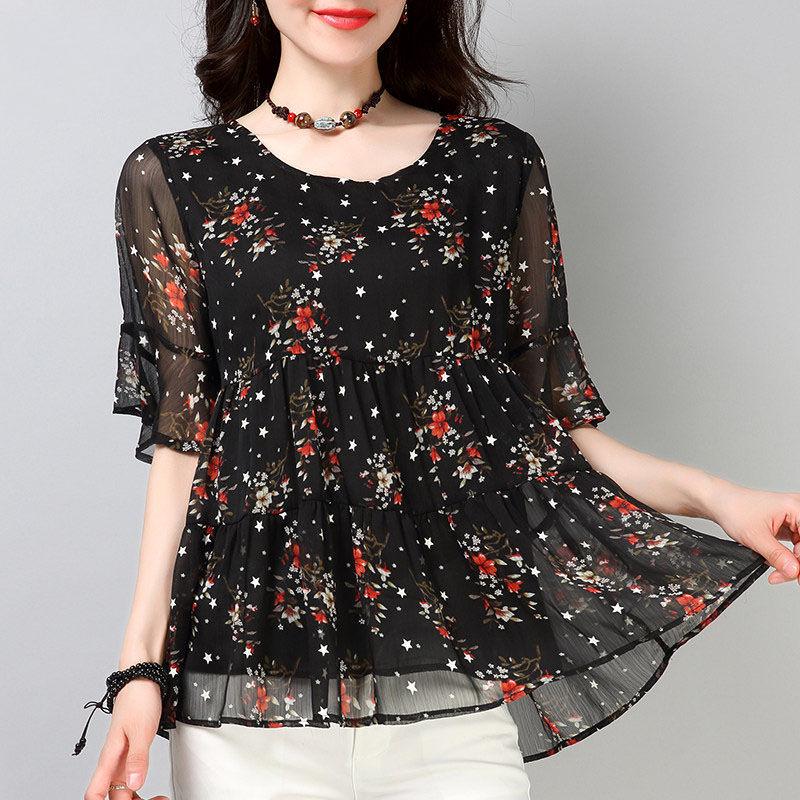 Chiffon Shirt Short-sleeved Plus Size Women's Blouse Floral Loose T Round Neck Small Shirt Chiffon Fabric Light and Breathable Cool