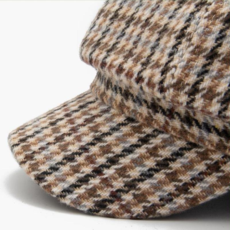 Women's Vintage Plaid Beret All-match Winter Octagonal Hat Ladies Round Face Spring Autumn Warm Korean Retro Top Hat Woolen Striped Painter Hat