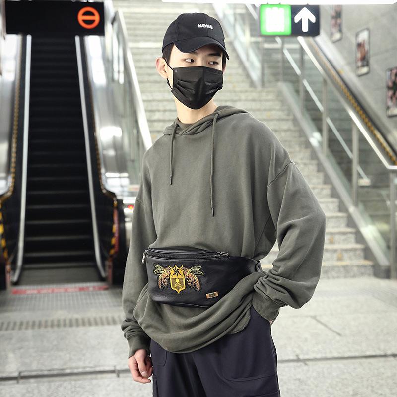 Waist Bag Men Leather Embroidered Rivet Chest Messenger Bags Fitness Sports Shoulder Bag