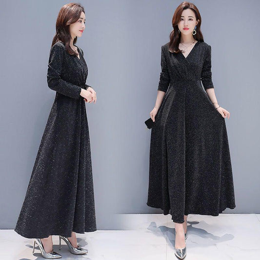 Real Shot V-neck Ladies Retro Elegant Retro Bright Silk Large Swing Long Knee Long Sleeve Dress