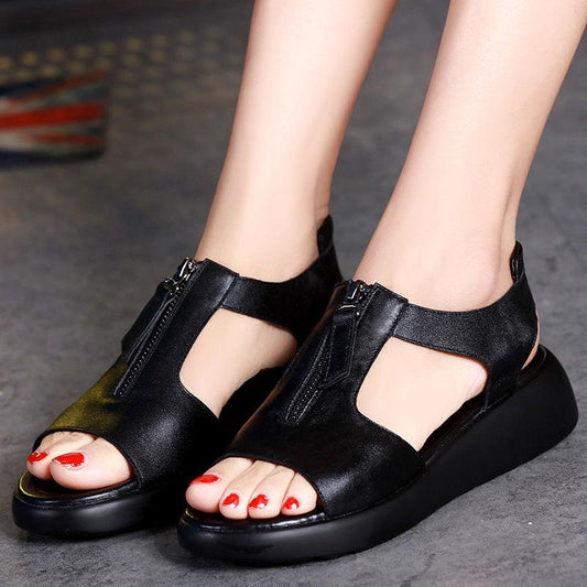 Plus Size 35-40 Summer Women Outdoor Black Leather Rome Flat High Heels Bohemian Beach Shoes Non-slip Office Lady Sandals