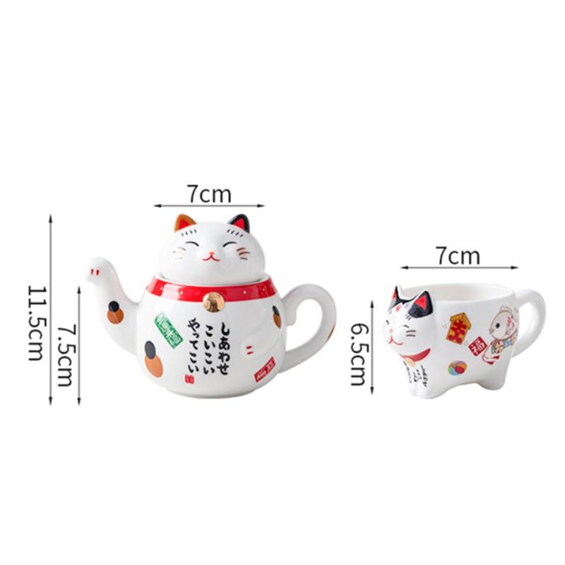 Cute Japanese Lucky Cat Porcelain Tea Set Creative Maneki Neko Ceramic Tea Cup Kettle with Strainer Office Teapot Water Mug