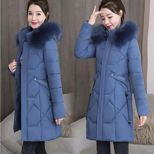 Down Jacket Winter Korean Fashion Big Fur Collar Mid-length Hooded Thick Warm Large Size Jacket Suitable for Women