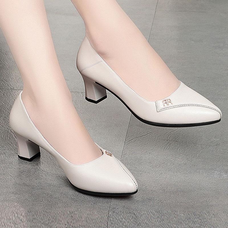 Single Shoes Women's Thick Heel Women Shoes Summer Soft Sole Mid-heel Shoes Spring and Autumn All-match Leather Shoes