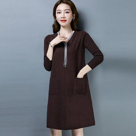 Autumn and Winter Knitted Simple Dress Mid-length Fashion Casual Bottoming Skirt Middle-aged Women Sweater Dress