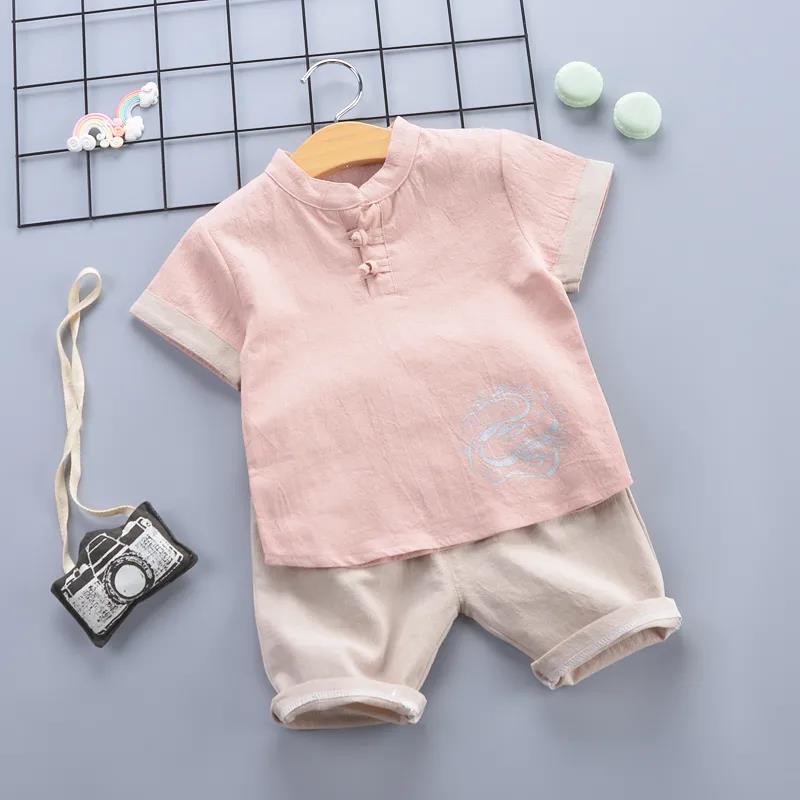 Children's Suit Summer Thin Boys Girls Loose Printing Dragon T-shirt Shorts Two Piece Set Chinese Style Pleated Button Ventilation