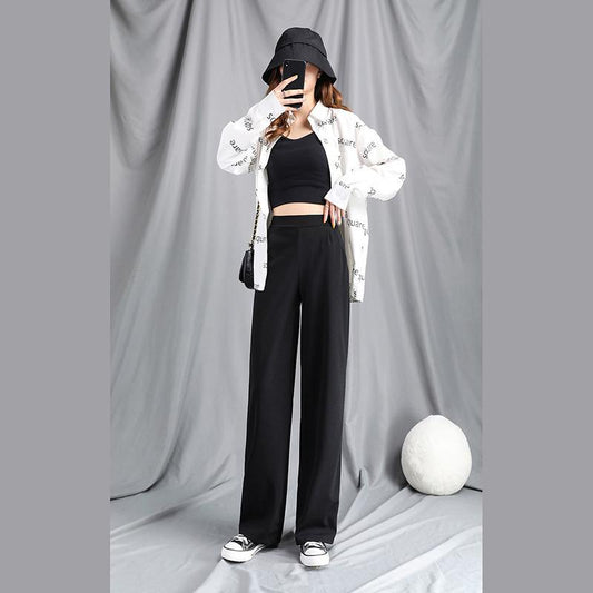 WTEMPO Women's Wide-leg Pants Super Long Elastic Waist Straight Loose Mid Waist Pure Color Trousers Casual and Elegant Daily