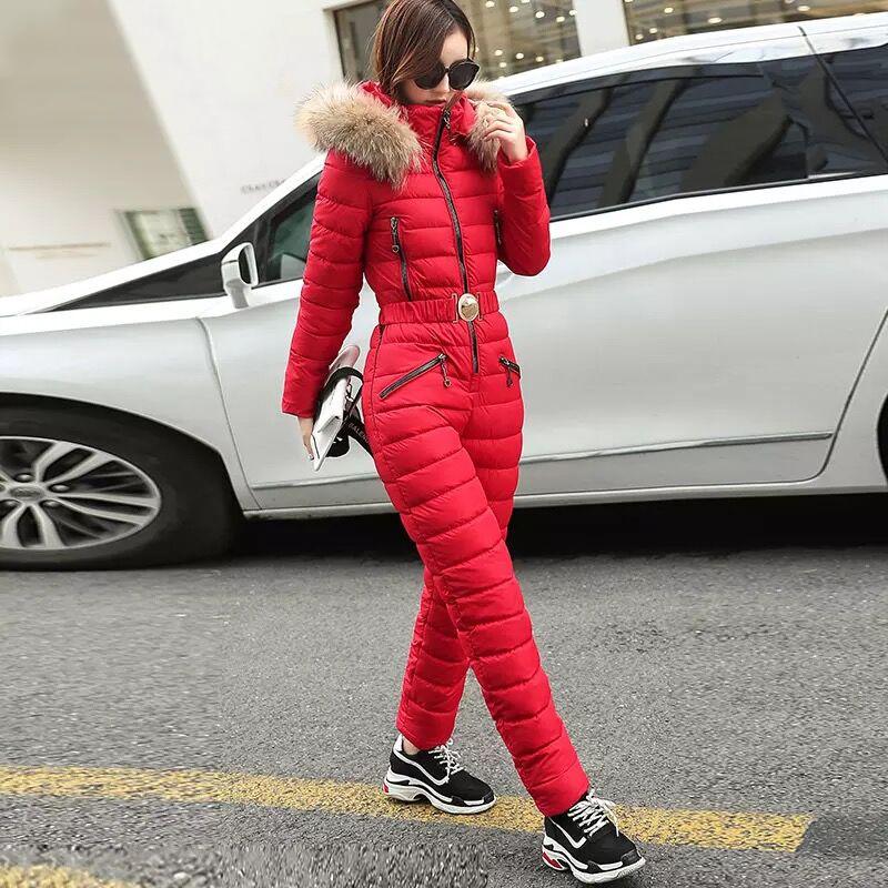 One Piece Ski Suit Women Jackets Winter Fur Collar Hooded Parka Jumpsuit Cotton Bodysuit Sashes Jumpsuits Outdoor Snowboard Jacket Skiing Pant Sets