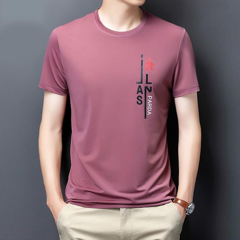 Men's Ice Silk Short-sleeved T-shirt Round Neck Print Trendy Top Half-sleeved Slim Short T