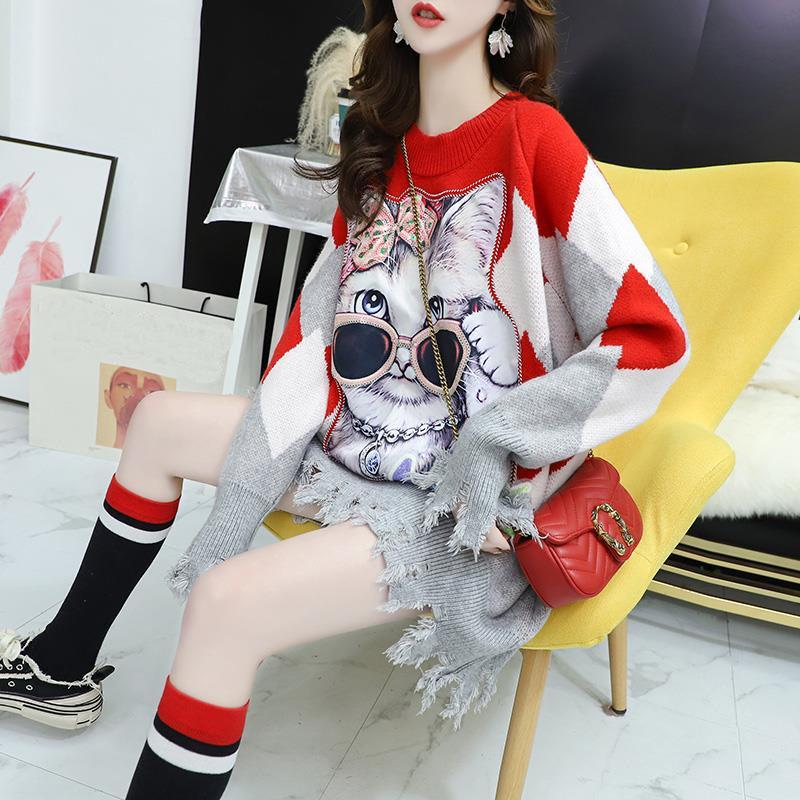 Autumn and Winter Mid-length Pullover Women Loose Casual Cartoon Print Tassel Sweater Jumper Outer Wear