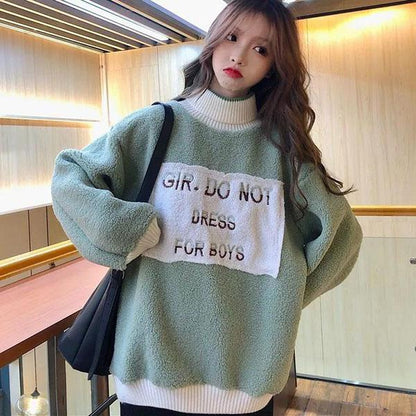 Women's Autumn and Winter Lamb Wool Sweater Large Size Loose Thickened High Neck Pullover Casual Long Sleeve Warm Jackets