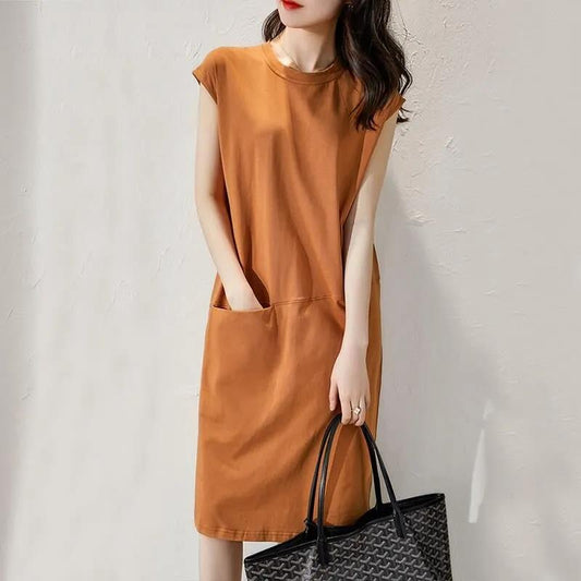 2021 Summer Popular Loose and Thin Solid Color T-shirt Dress Women's Mid-length Fairy Dress