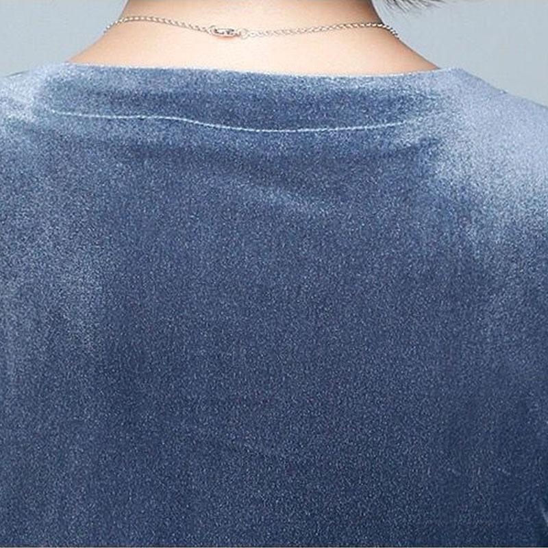 Spring Fall Women Sexy V-neck Gold Velvet top Elegant Blue Long Sleeve Wild Basic Shirts Vintage Casual Ladies Top Pullover