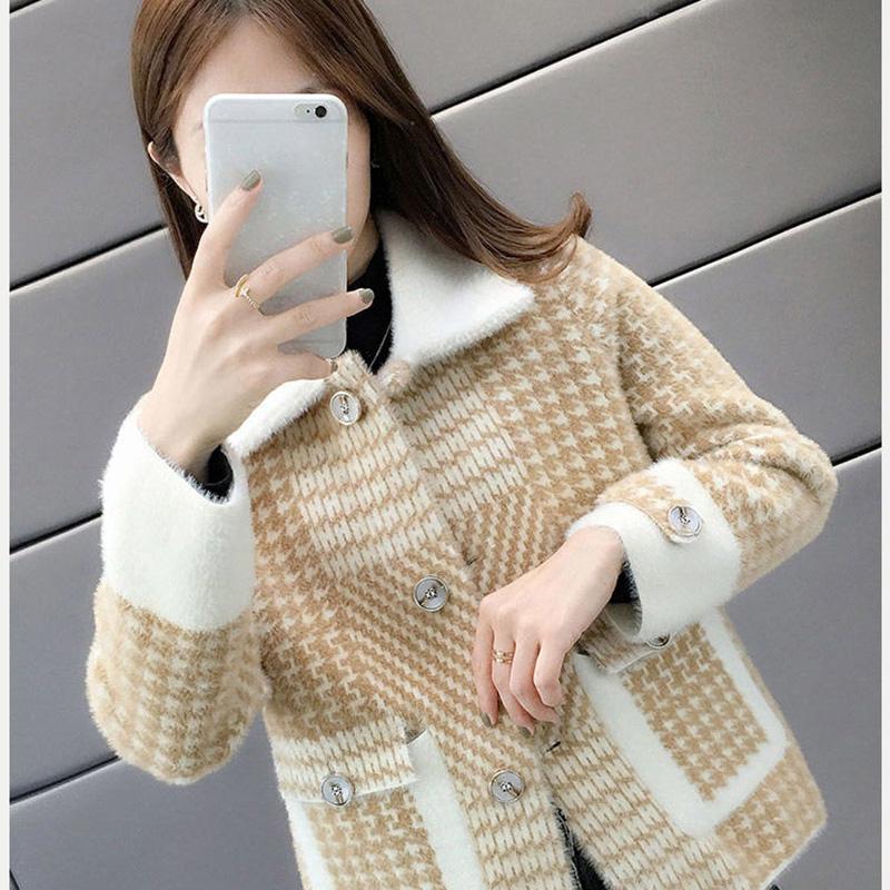 Autumn and Winter Korean Style Coat Loose Houndstooth Knitted Cardigan Lapel Long-sleeved Short Sweater