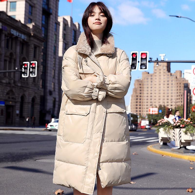 Winter Mid-length Women's Down Jacket Shiny Lamb Cashmere Collar Korean Style Stand-up Collar Loose Thick Warm Jacket Tide