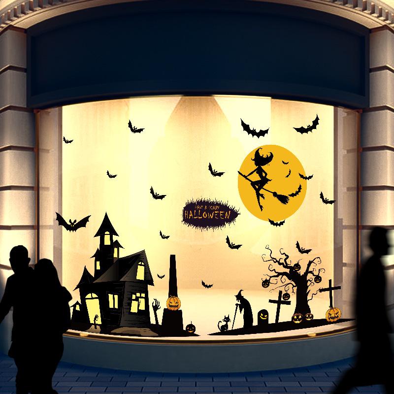 Halloween Witch bats Wall Sticker Shop Decorating Window Glass Doors Background Removable Stickers