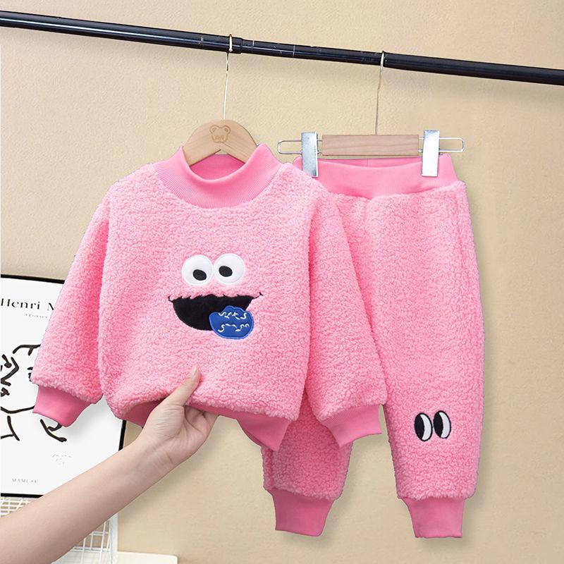 Children's Suit Autumn and Winter Boys and Girls Plus Velvet Suit Casual Two-piece Pure Color Loose Embroidery Sets