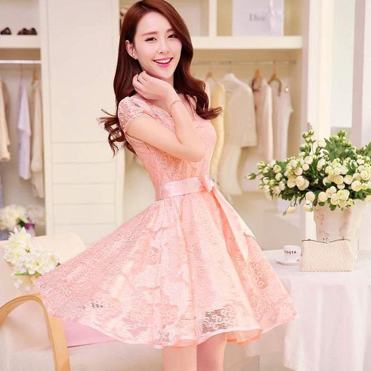 Women Vintage High Waist Super Fairy Holiday Dress Elegant Slim Lace Pleated Party Bow Dress