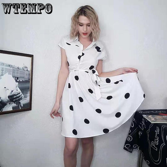 Summer Women Big Dot Printing Shirt Dress OL Style Knee-length A-line Dress with Belt Plus Size S-3XL