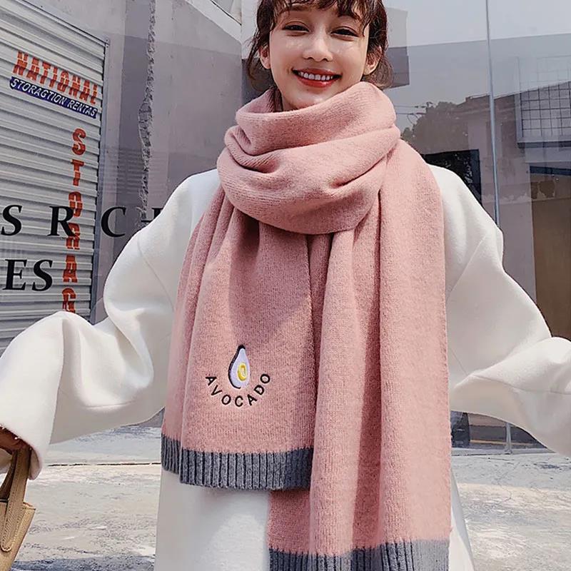 Winter Wool Scarf Korean Version of Wild Embroidery Scarf Thick Warm Wool Knitted Scarf Shawl for Women