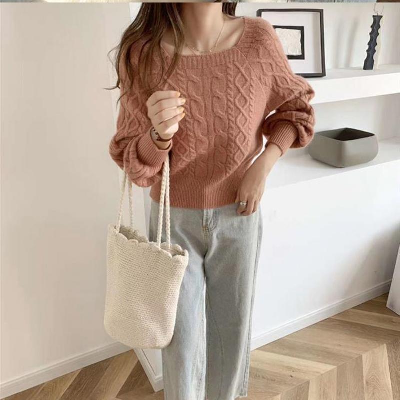 Gentle Wind Loose Outer Wear Square Neck Pullover Sweater Short Knit Top Women All-match Long-sleeved Temperament Short Sweater