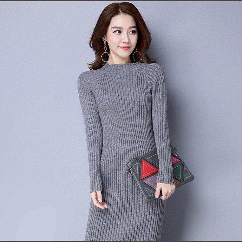 Elegant Women Midi Dress Autumn Long Sleeve Stretch Dresses Ribbed Knitted Robe Office Ladies