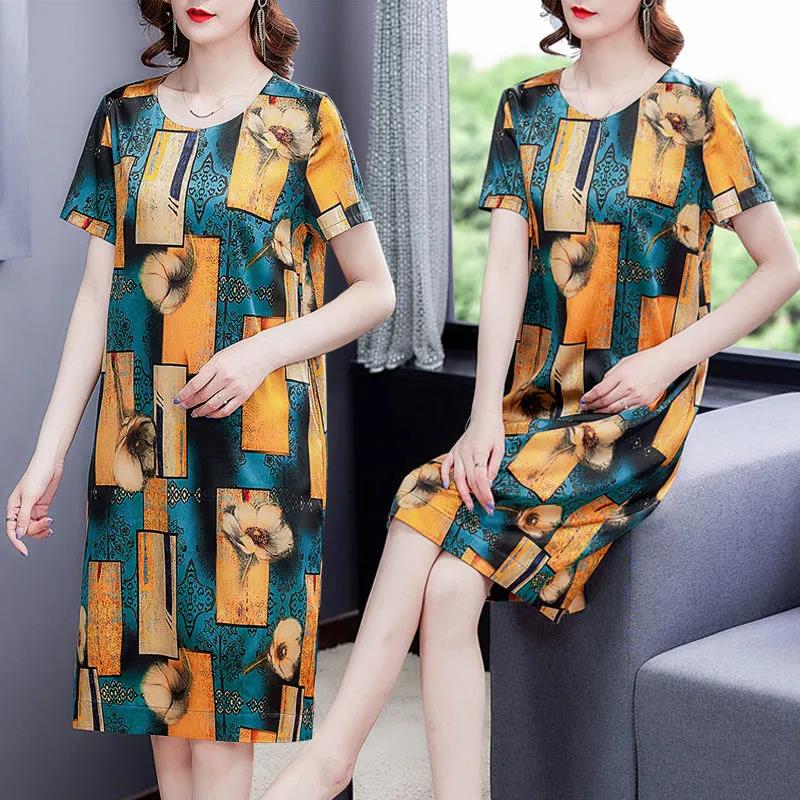 Ice Silk Short Dress Casual and Comfortable Skirt Plus Size Clothing Women Short Sleeve Dress Summer