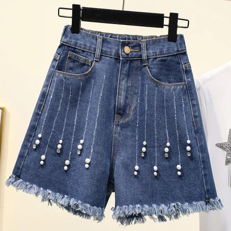 Women's Summer Large Size Pearl Raw Edge A-line Wide-leg Pants Denim Shorts Elastic Waist Casual Bead Shorts