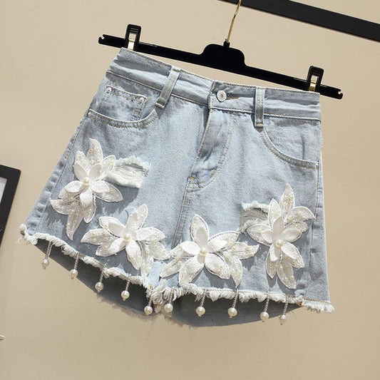 WTEMPO Shredded Wide-leg Big Size High-waist A-line Pants Embroidered Denim Shorts Women Summer Loose