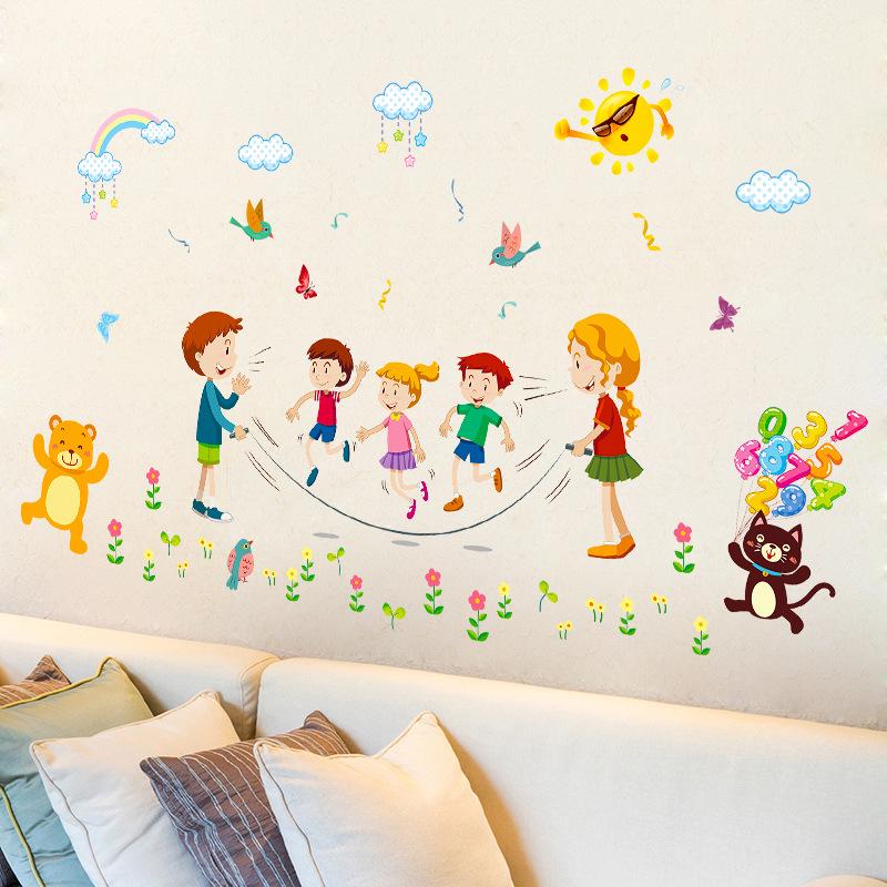 Happy jumping rope  kindergarten background decorative wall stickers childhood wallpaper