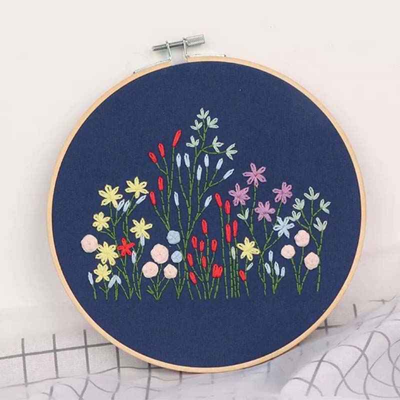 Floral Hand Cross Stitch Embroidery Cloth Starter Kits Needlepoint Color Threads Bamboo Hoop DIY