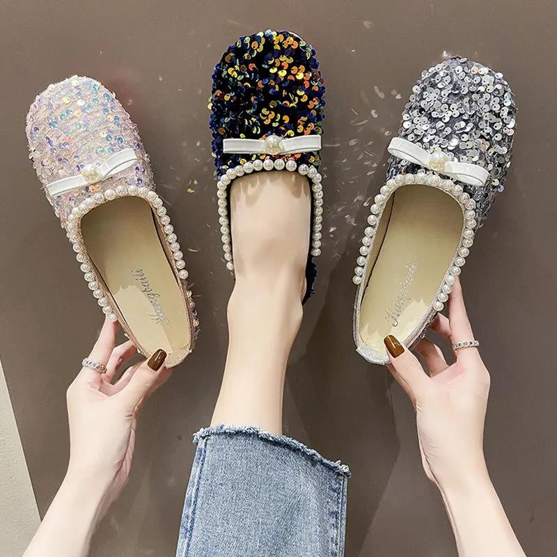 Sequined Baotou Half Slippers Women's Outer Wear Summer Shallow Mouth Women's Shoes Grandma Shoes Soft Sole Peas Shoes