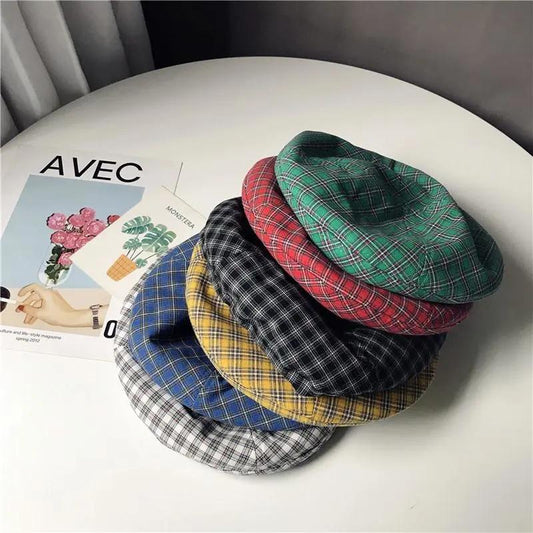 Candy-colored Retro Plaid Beret Hat Women's Summer Thin Breathable All-match Painter Hat Pumpkin Hat Octagonal Hat