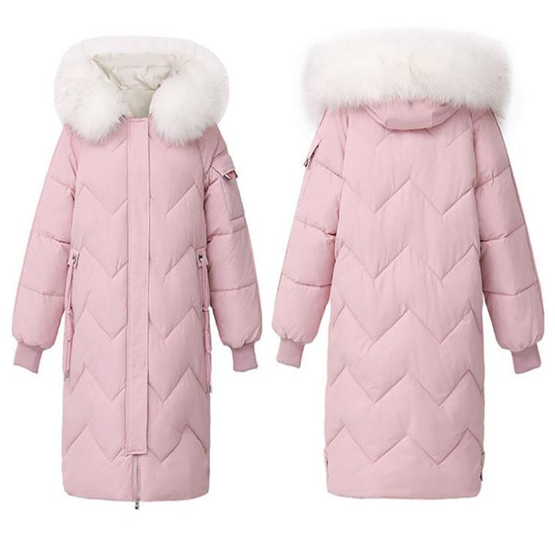 Down Jacket Winter Ladies Fashion Korean Big Fur Collar Thick Warm Hooded Mid-length Plus Size Cotton Jacket