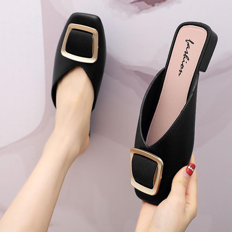 Slippers Sandals Women's Summer Fashion Outer Wear Square Buckle Not Leaking Toes Half Slippers It's One Size Bit Smaller