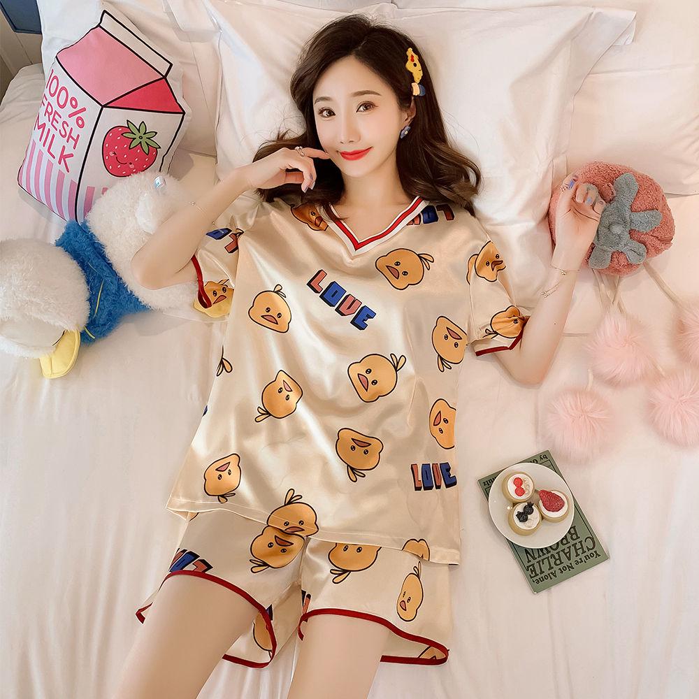 Silk pajamas summer two-piece set long-sleeved female sweet home clothes cute fruit pajamas female