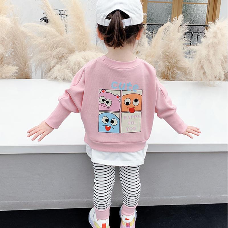 Children's Suit Summer Thin Boys and Girls Casual Wear Printed Cartoon Top Striped Trousers Two Piece Set