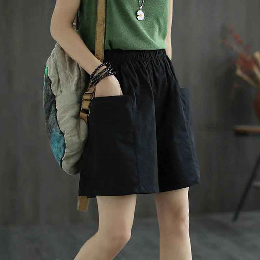 Pure Cotton High-waist Casual Shorts Women's Summer Thin Section Literary Solid Color All-match Pocket Wide-leg Pants