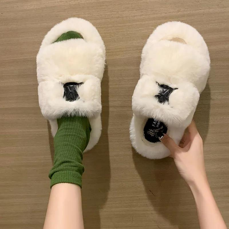 Ladies Cotton Slippers Plush Slippers Fall Winter Fashion Outer Wear All-match Flat Flat Shoes